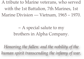 A tribute to Marine veterans, who served with the 1st Battalion, 7th Marines, 1st Marine Division — Vietnam, 1965 – 1970.&#10;&#10;~ A special salute to my &#10;brothers in Alpha Company.&#10;&#10;Honoring the fallen: and the nobility of the human spirit transcending the infamy of war.&#10;&#10;